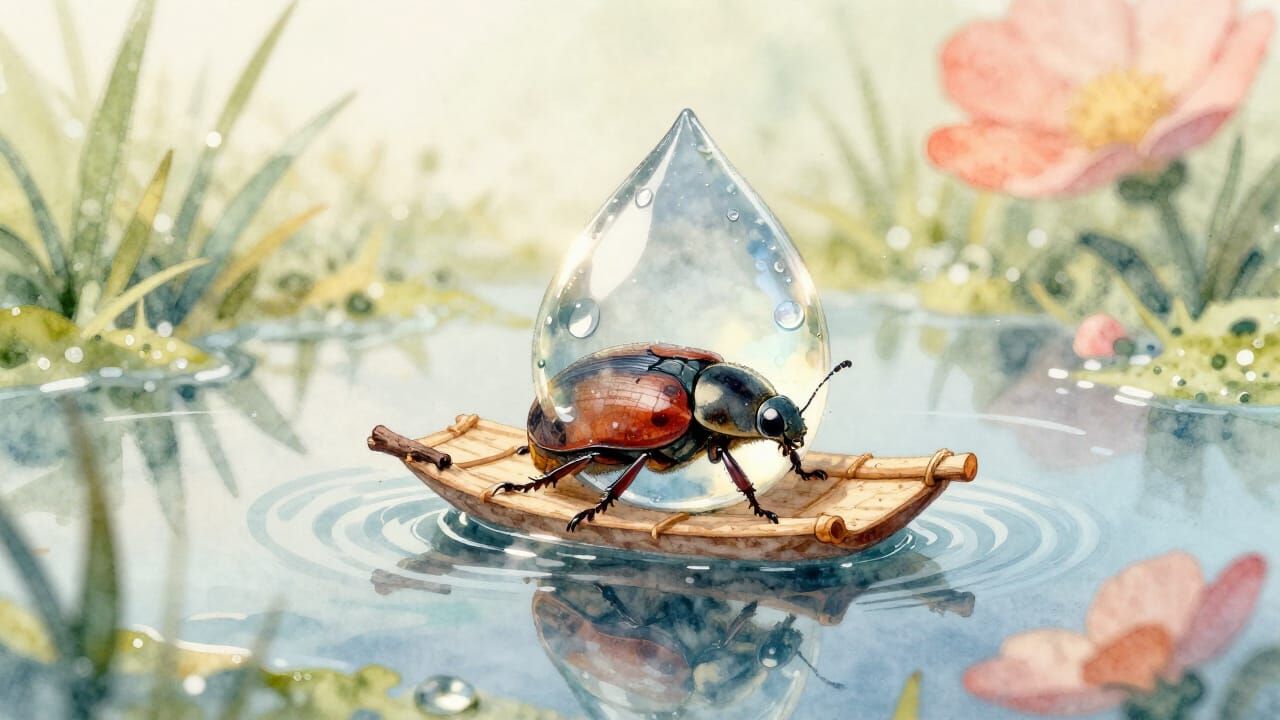 Tiny Beetle Rafts Dewdrop Across Puddle in Watercolor