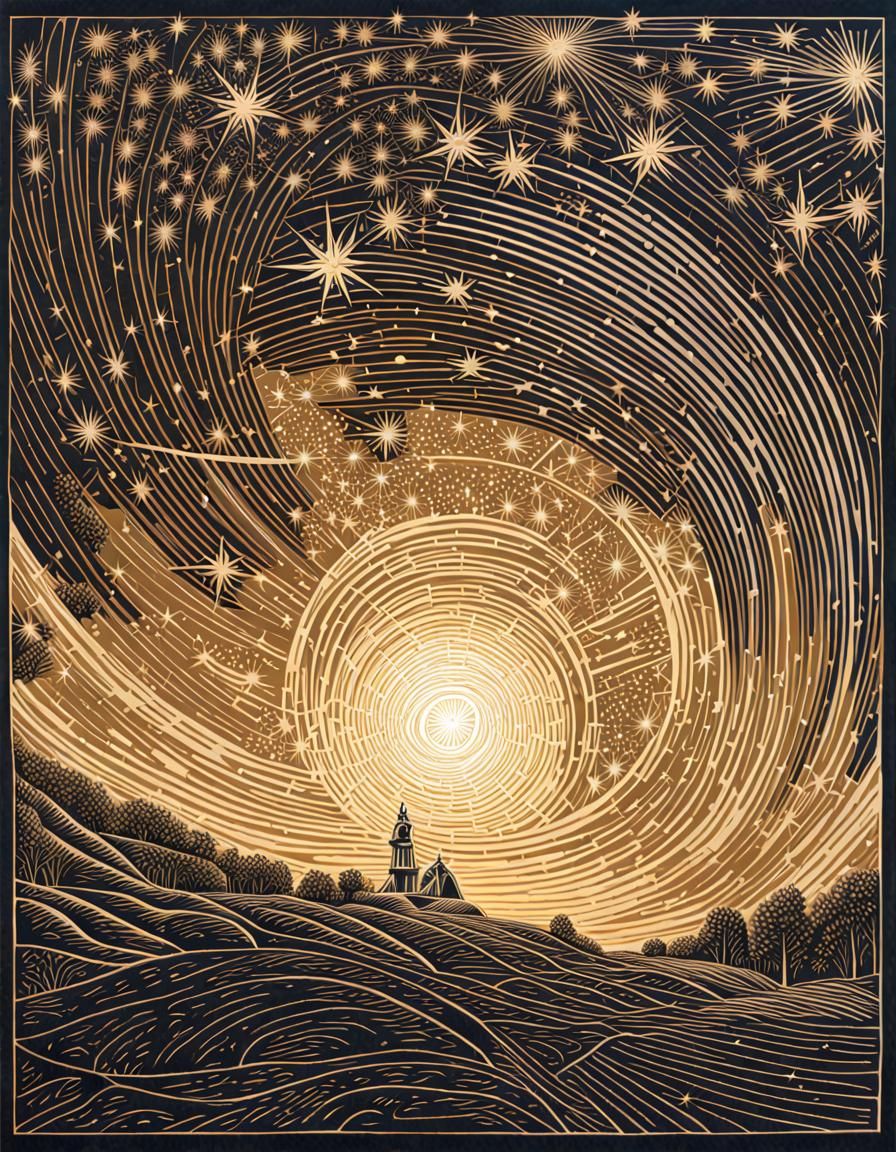 Falling Star Linocut Illustration with Golden Ratio