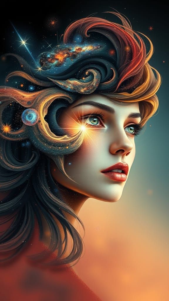 Cosmic Woman Portrait in Surrealist Style