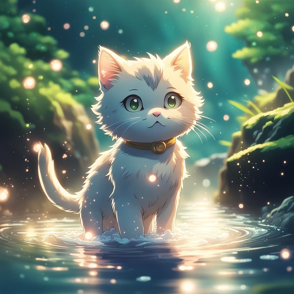 Chibi Kitten Swimming in River: Studio Ghibli Anime