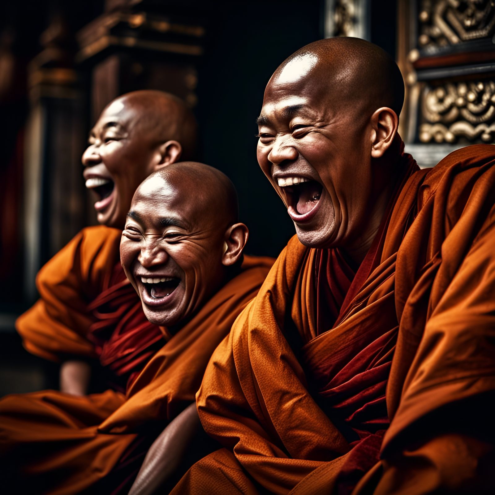 Hysterical Laughing Buddhist Monks in Hyperrealism