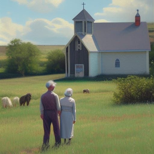 Married Couple by Country Church in Oil Painting