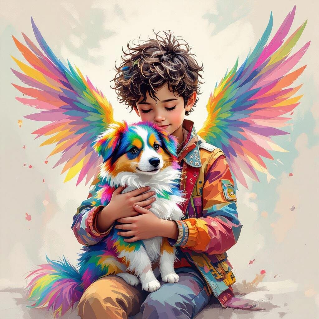 Boy Cradling Rainbow Winged Dog: Dreamy Art