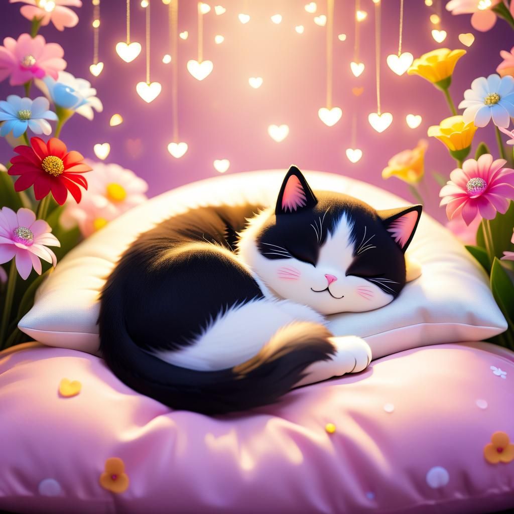 Cute Cat Sleeping Surrounded by Flowers