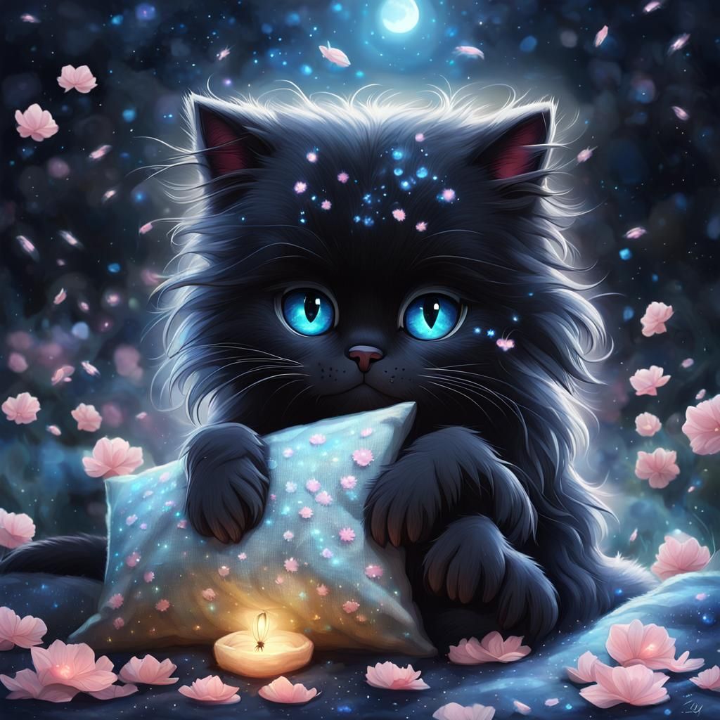 Sad Black Cat with Fireflies in Digital Art
