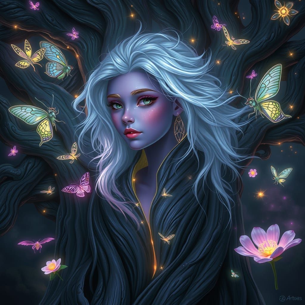 Ethereal Fey Emerges from Ancient Tree in Vibrant Fantasy Sc...