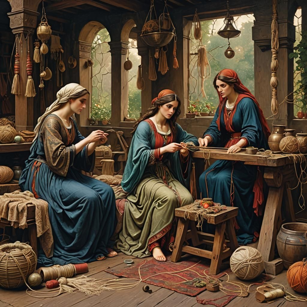 The Fates Untangling Yarn, in Dark Academia Style