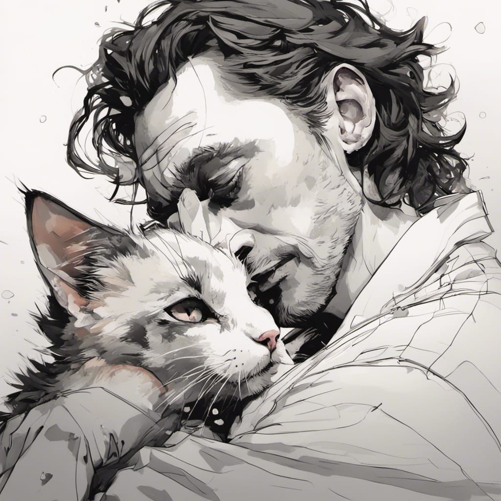 Tom Hiddleston Snuggling Kitten in Anime Style