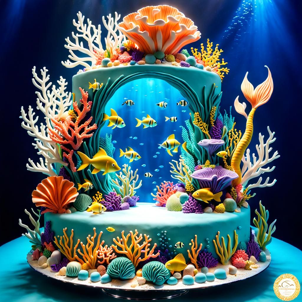 Underwater Cake Sculpture with Coral Reefs and Mermaids