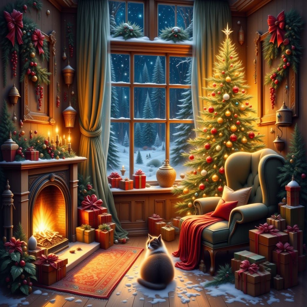 Cozy Christmas Eve Cottage Interior with Cat and Dog