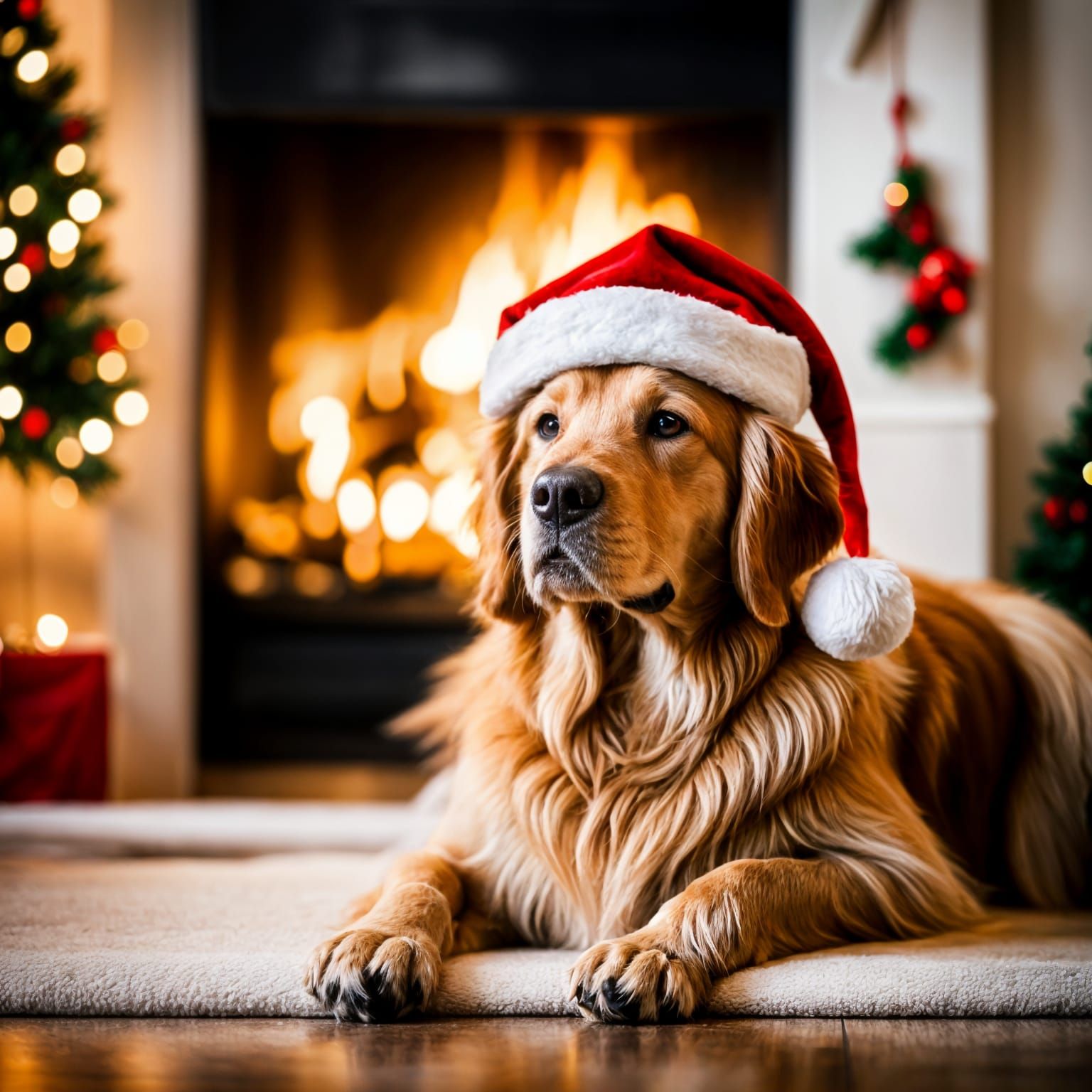 Golden Retriever in Santa Hat by Fireplace