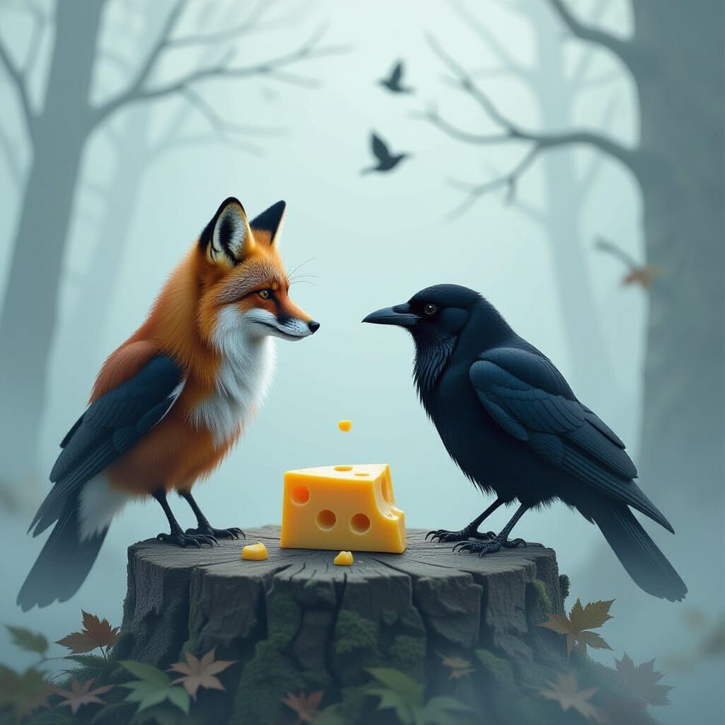 Fox, Crow, and Cheese in Fog, Tim Burton Style