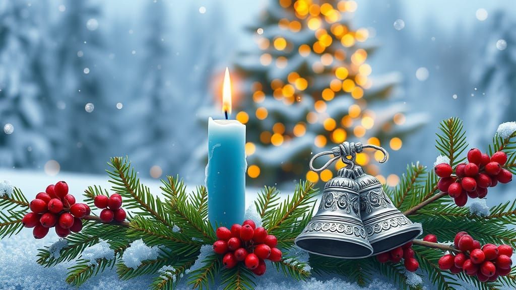 Winter Wonderland Scene with Candle and Snowflakes in Pastel...