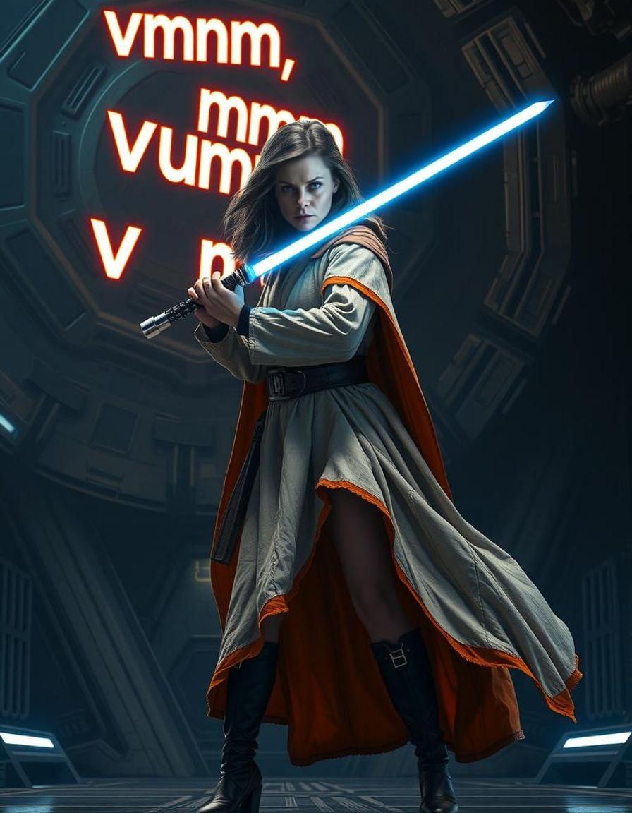 A female Jedi Knight in a bold, action stance, lightsaber at...