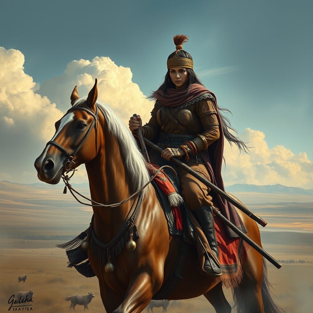 Mongolian Woman Warrior on Horse in Steppe
