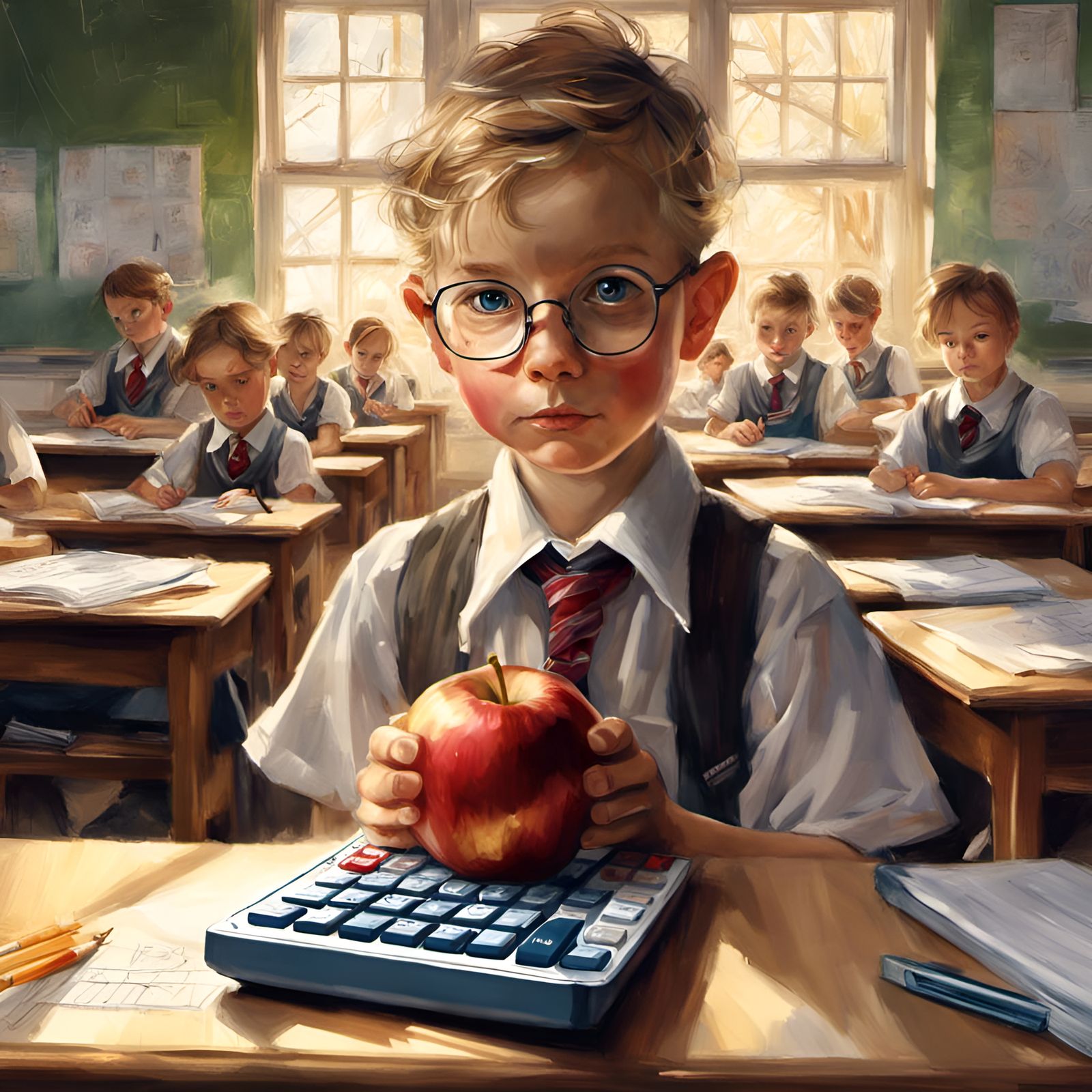 Apple Character in Classroom, Digital Illustration