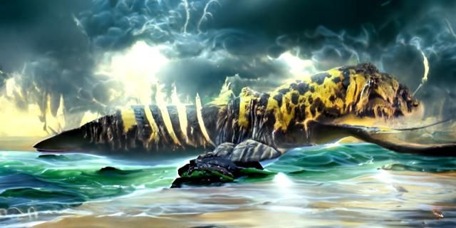 Turbulent Sea with Monsters in a Fantasy Landscape