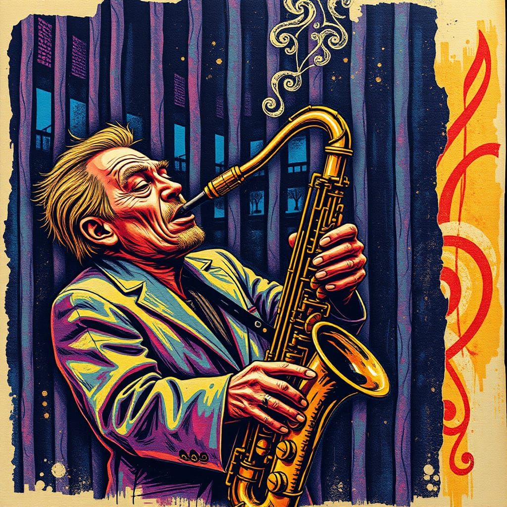 Humorous Saxophonist in Colorful Scratch Paper Etching