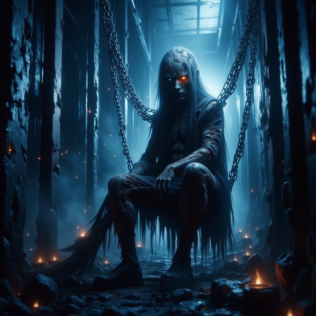 Industrial Scarecrow with Glowing Eyes in Cinematic Style