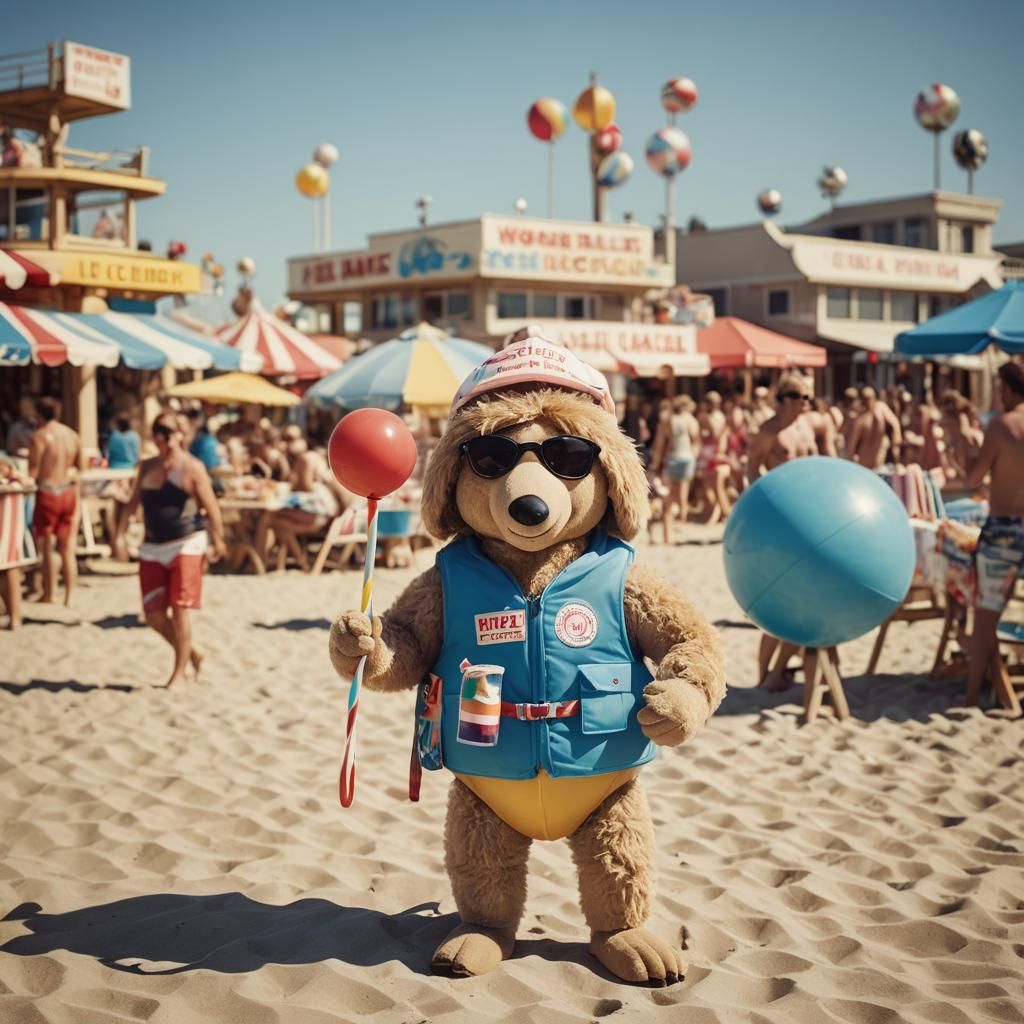 Womble Lifeguard Flexing on Sunny Beach: Retro Photo