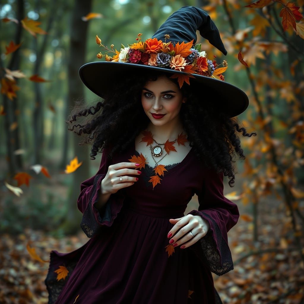 Autumn Witch Twirling in Enchanted Forest