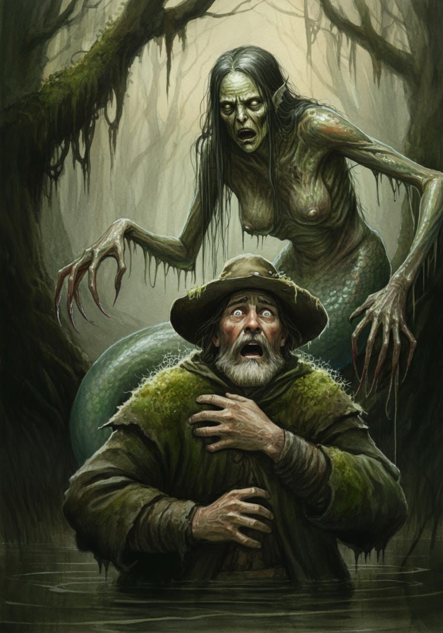 Fisherman Ensnared by Swamp Mermaid in Dark, Medieval-Inspir...