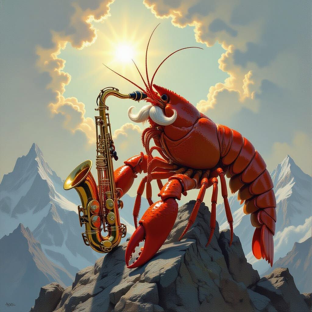 Surreal Crayfish Plays Saxophone on Mountain Peak