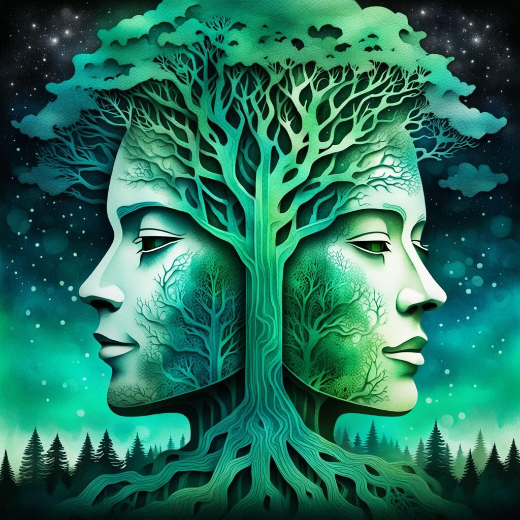 Kirigami Face and Space Landscape in Watercolor