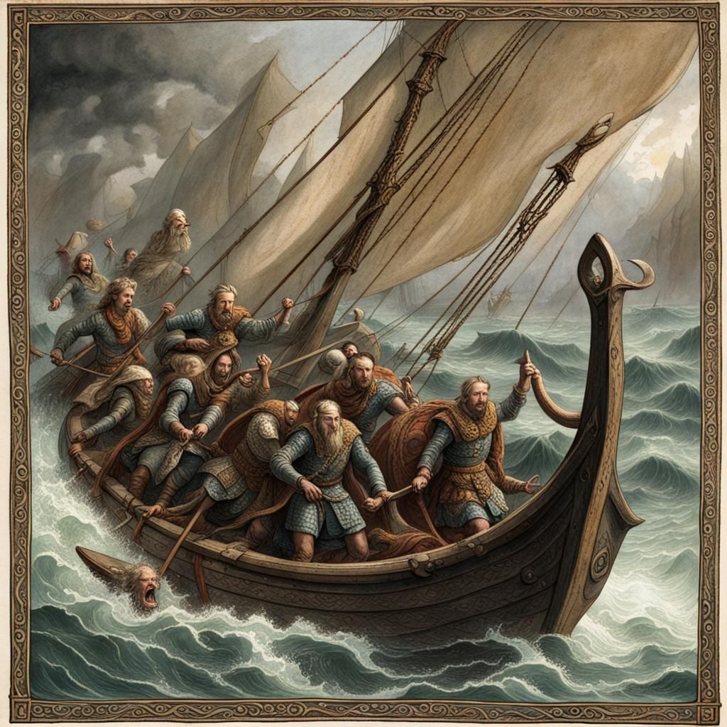 Norse Longship Under Attack by Sea Serpent