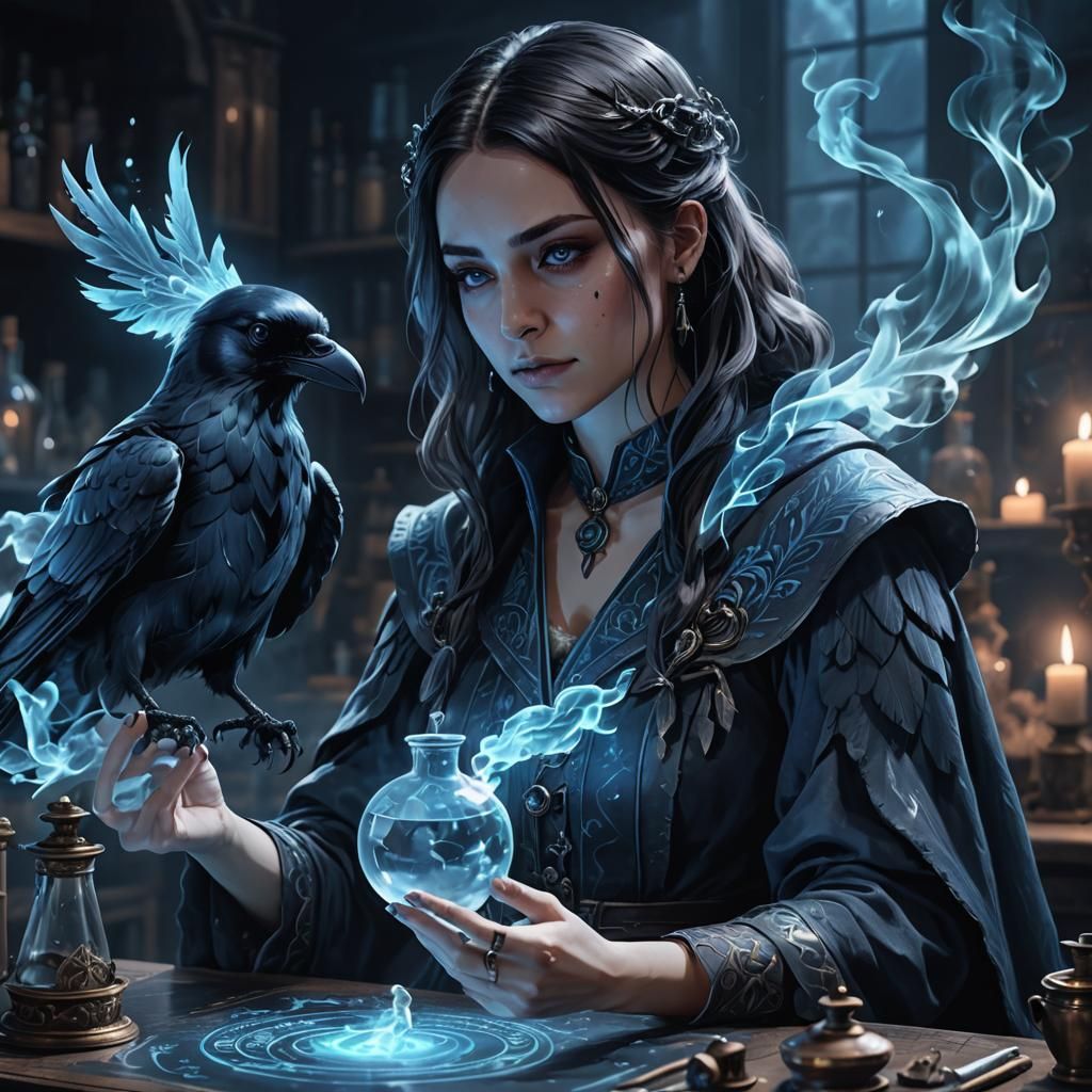 Magical Alchemist Girl Portrait with Raven in Laboratory