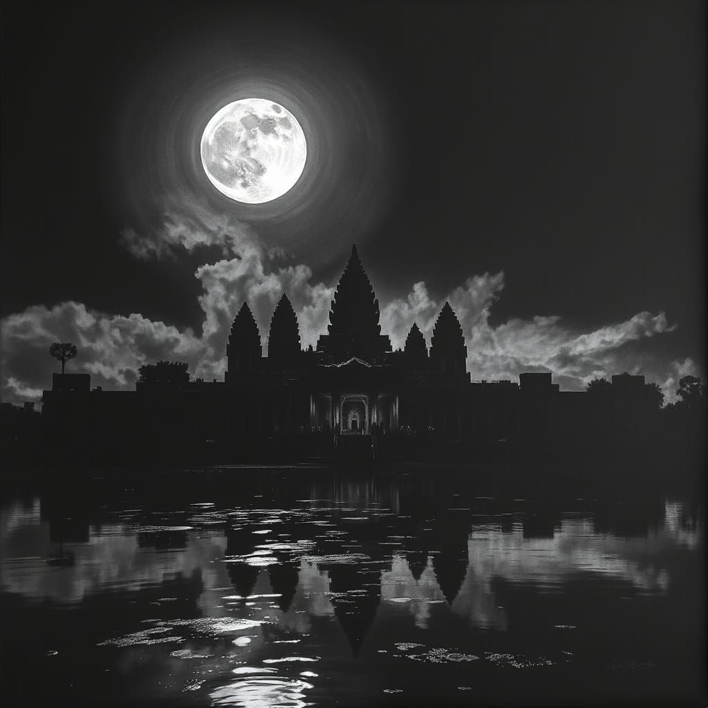 Angkor Wat in Chalk Art Style Under Moonlight