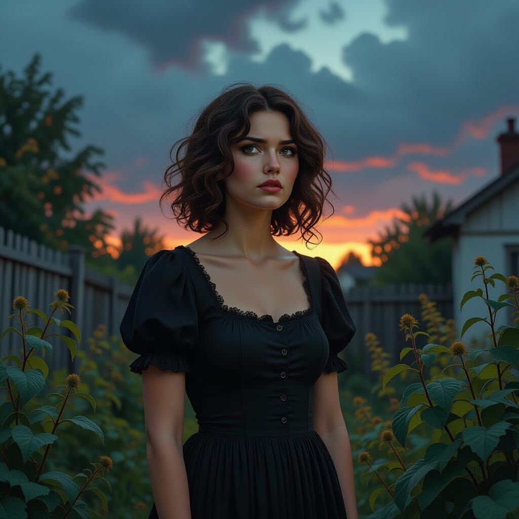 Melancholic Woman in Dilapidated Garden: Hyperrealistic Art