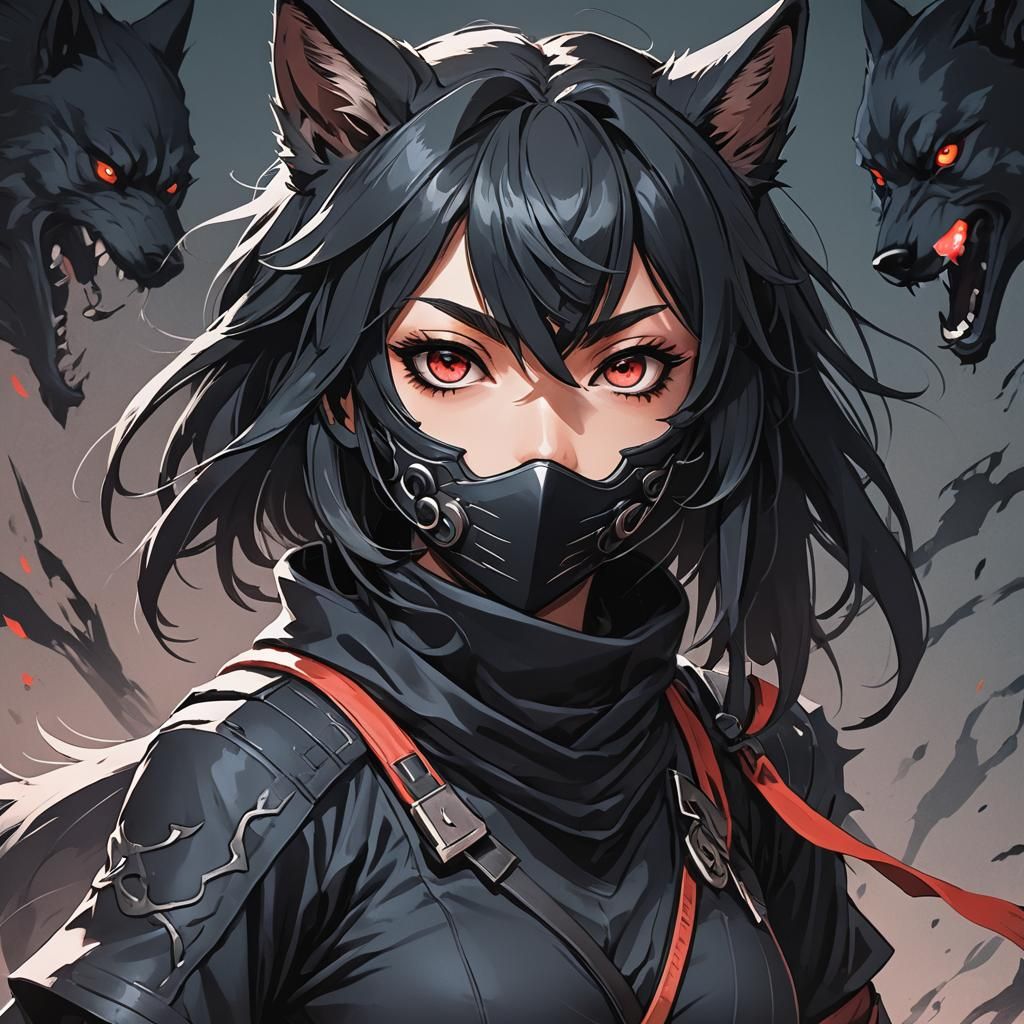 Anime Ninja Girl with Wolf Eyes in Manga Style