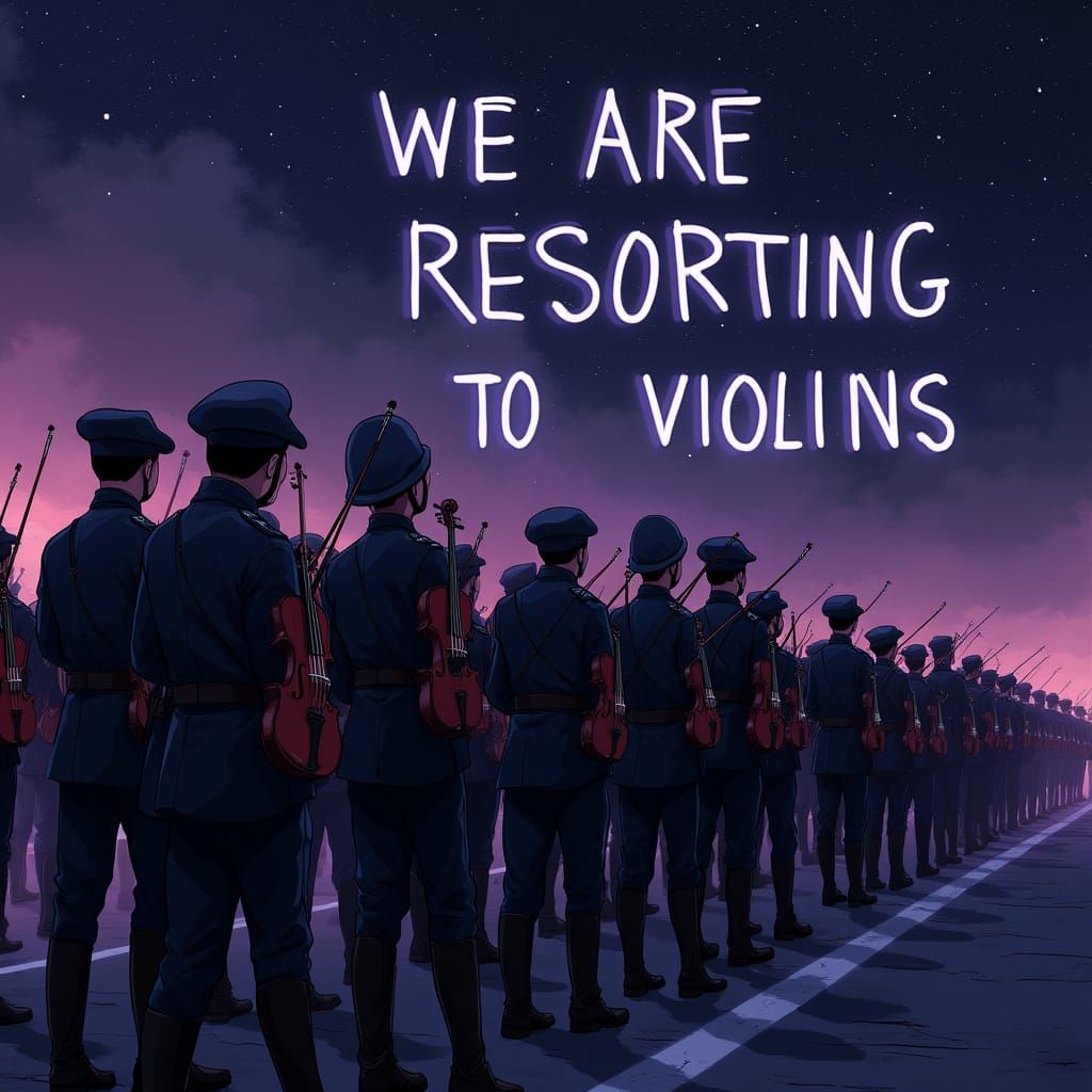 Synthwave Anime Soldiers March with Violins at Night