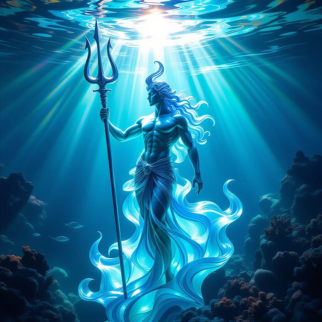 Sea Glass Sculpture of Neptune in Surreal Underwater Realm