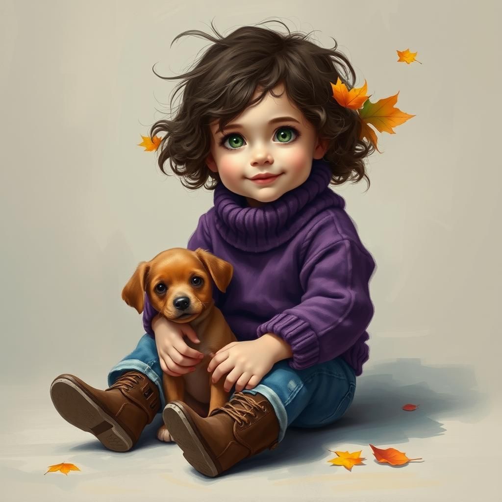 Toddler Girl with Puppy in Fantasy Oil Painting