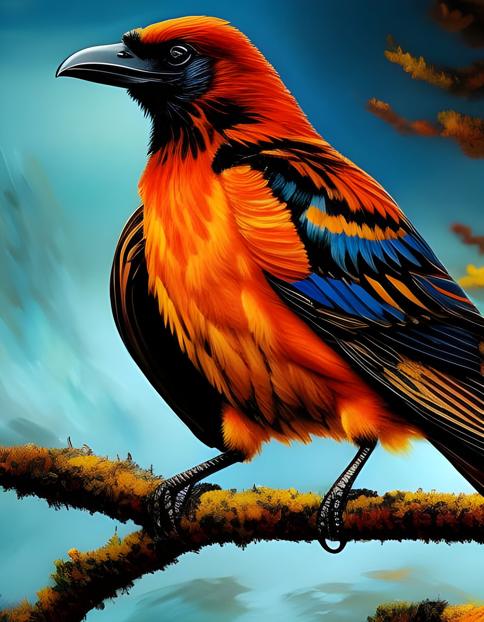 Cyberpunk Autumn Raven with Leaf Feathers