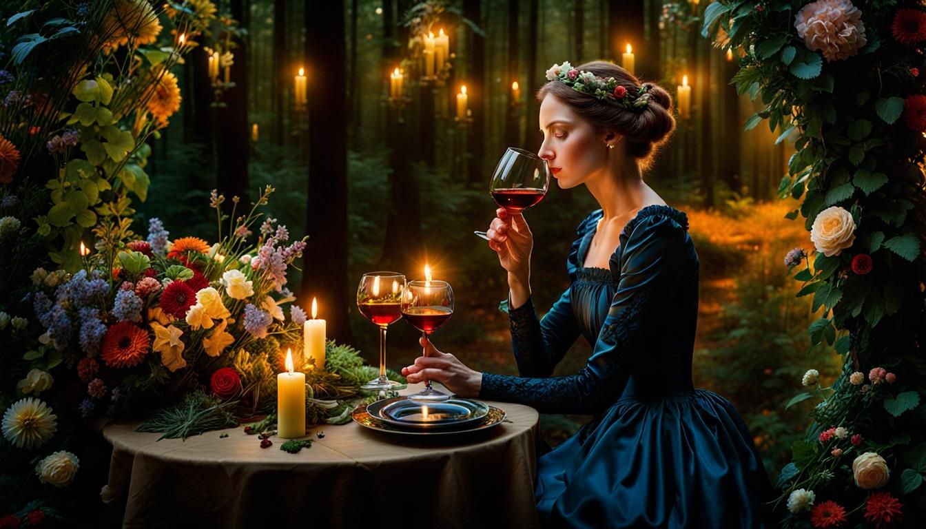 Woman Sipping Wine in Surreal Flower Forest