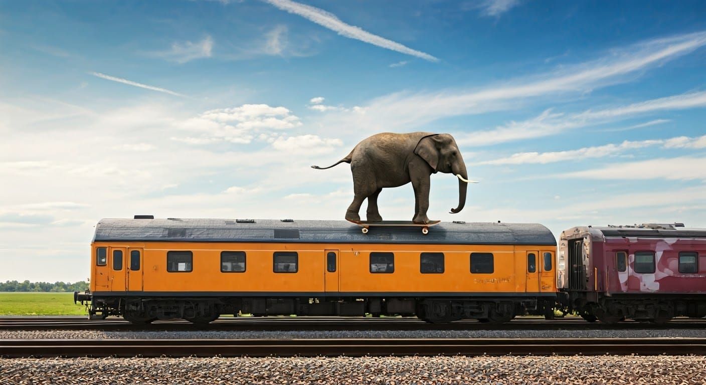 Elephant Rides Skateboard Atop Train