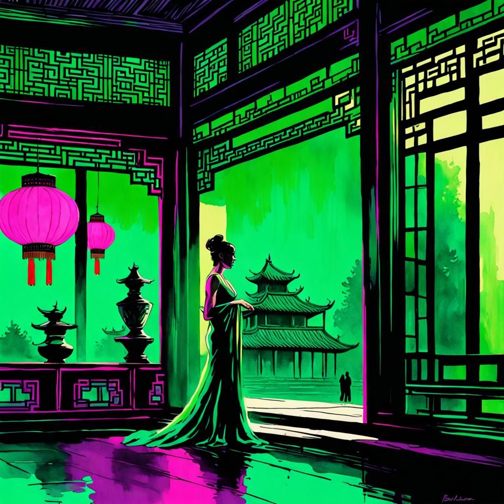 Chinese Palace in Emerald Green Watercolour