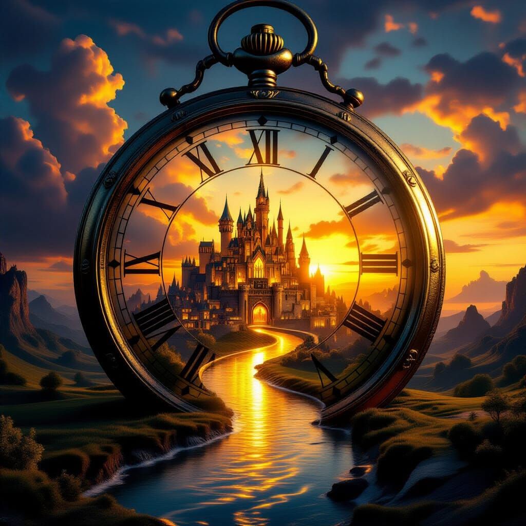 Fantasy Pocket Watch Gateway to Medieval City at Sunset