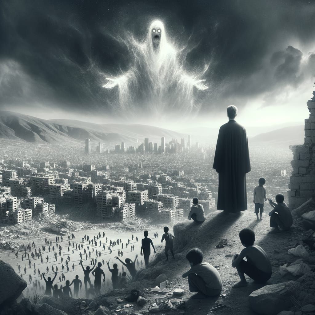 Religious Figure Observes Ravaged Cities From Mountain Peak