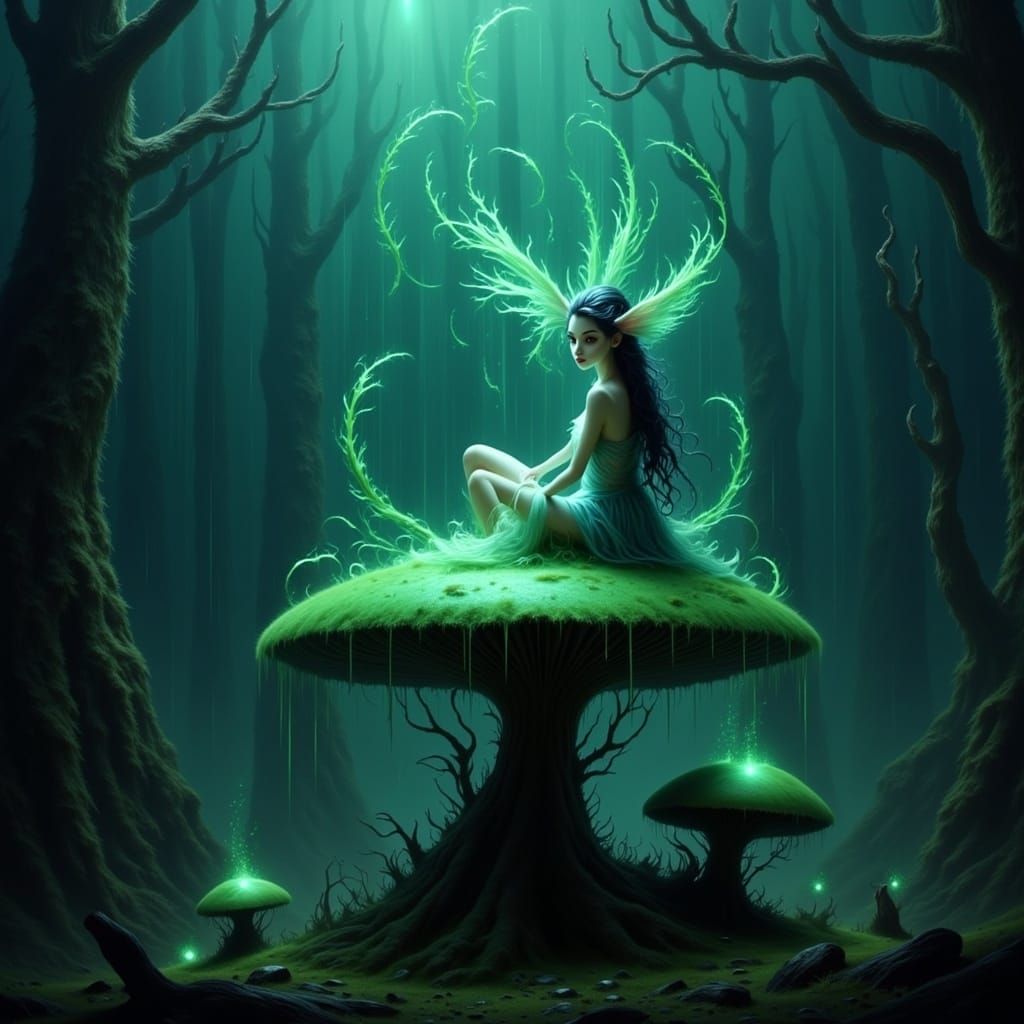 Ethereal Mushroom Wisp in Radiant, Bioluminescent Twilight