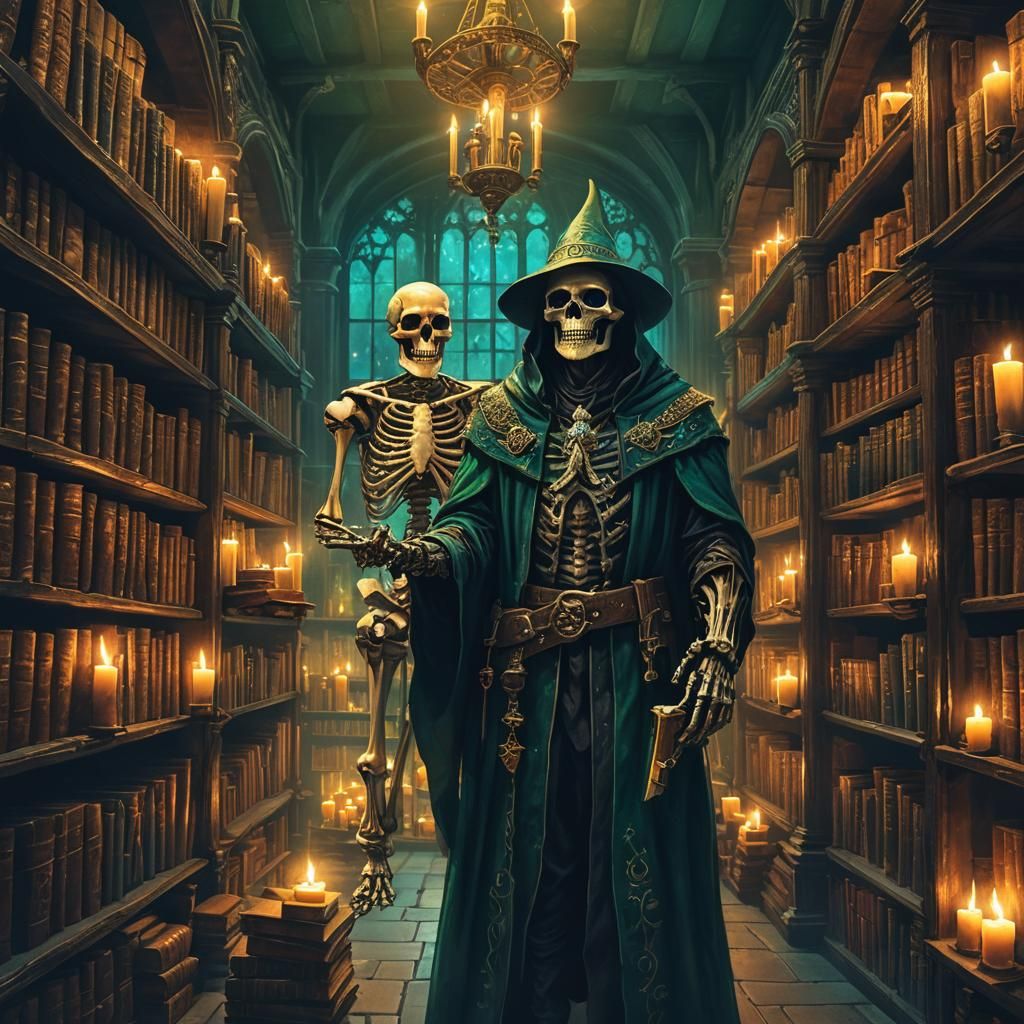 Skeleton Wizard in Mystical Library, Fantasy Matte Painting