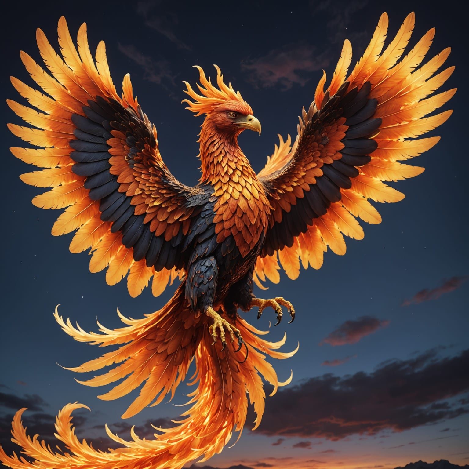 Ancient Phoenix in Dramatic Twilight Flight