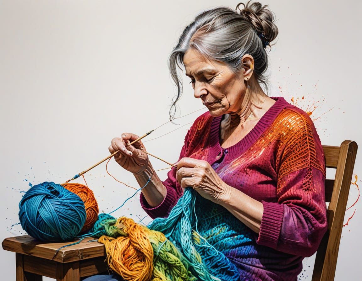 Mature Woman Knitting in Vibrant Alcohol Ink