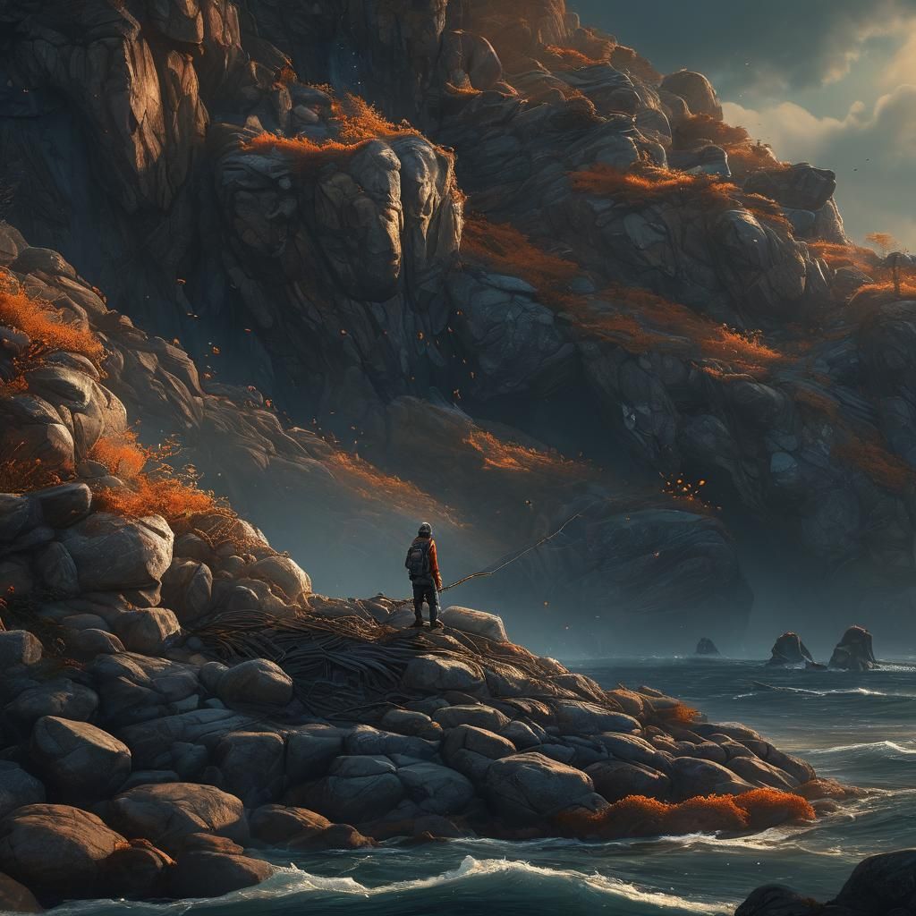 Fisherman on Rocky Shore in Fantasy Matte Painting