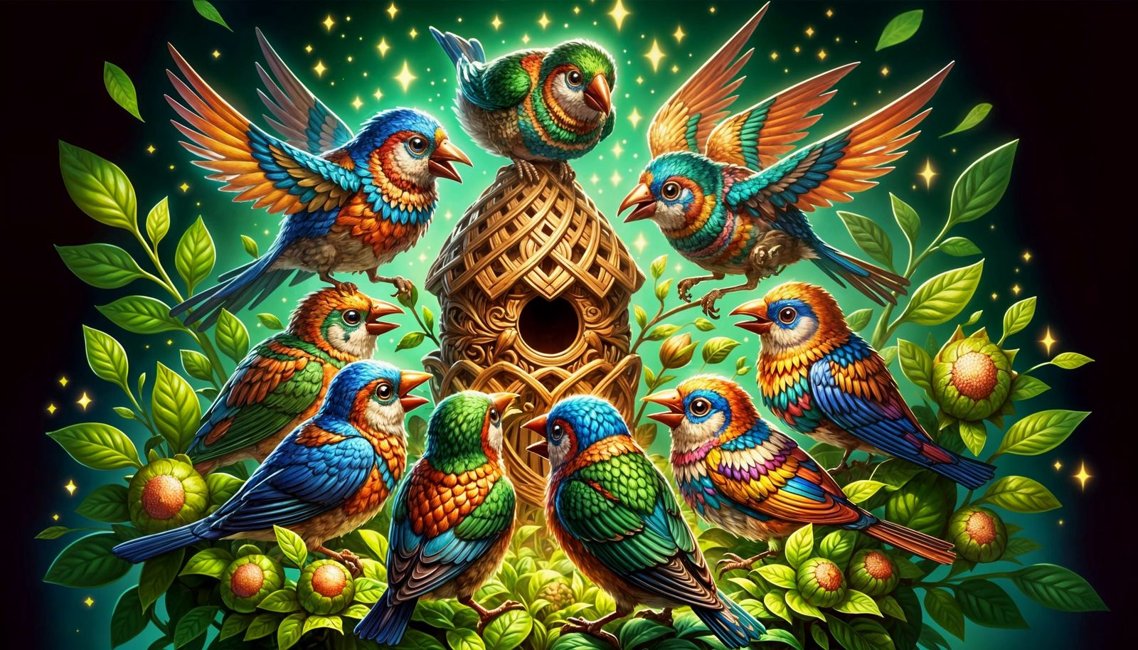 Whimsical Finch Bird Scouts Gathering in Fantasy Nest