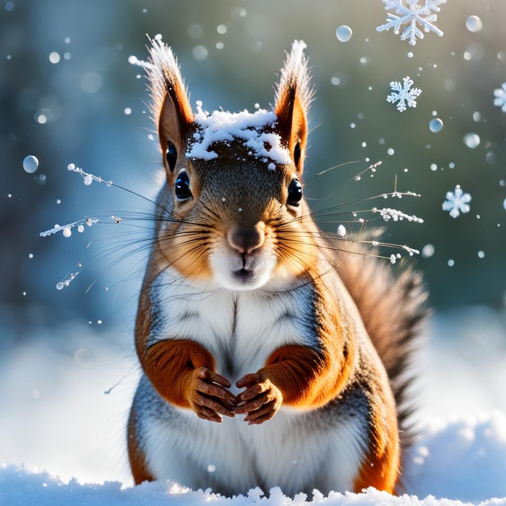 Squirrel's Dew-Kissed Face in Winter Wonderland