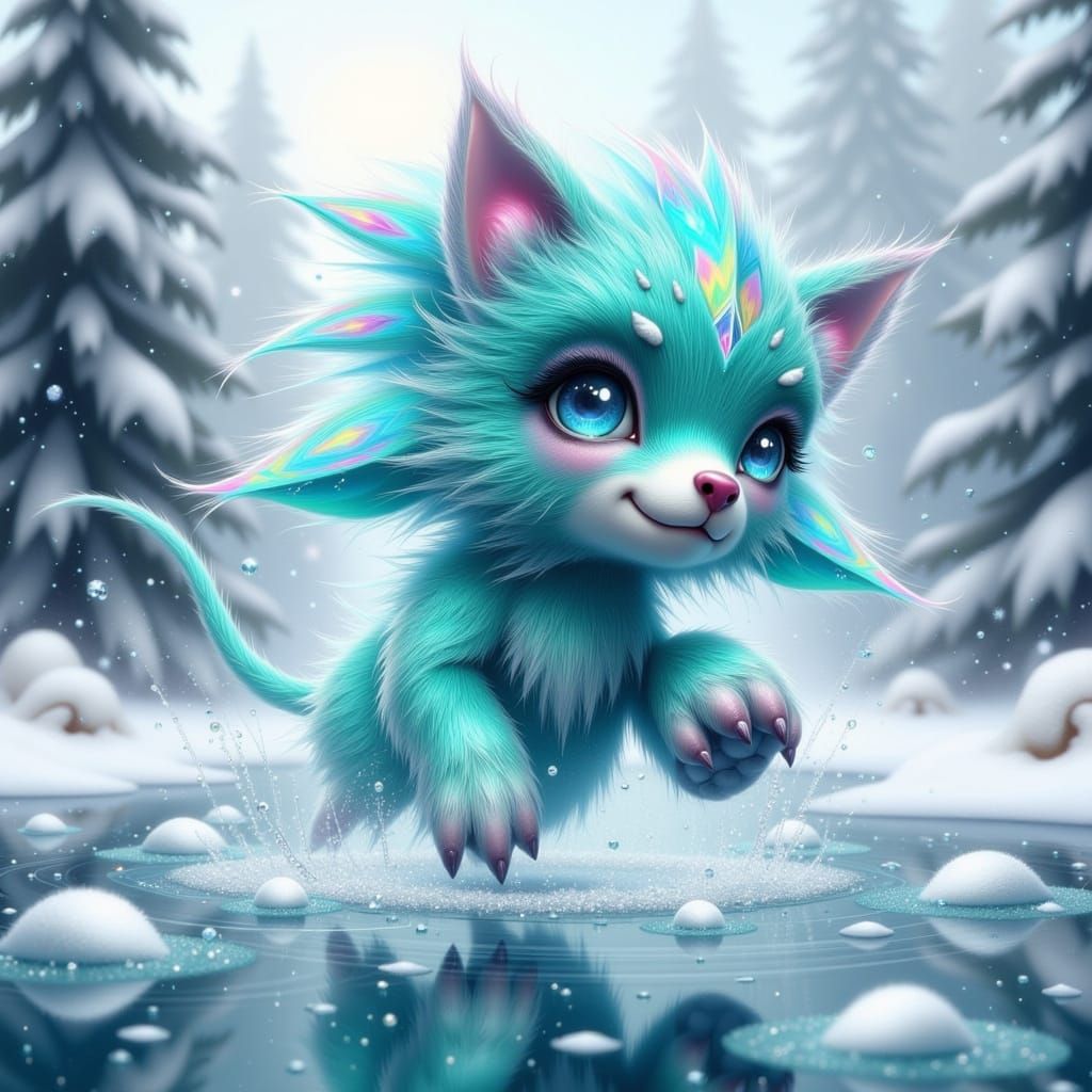 Turquoise Crystal Puppy Leaps into Winter Wonderland